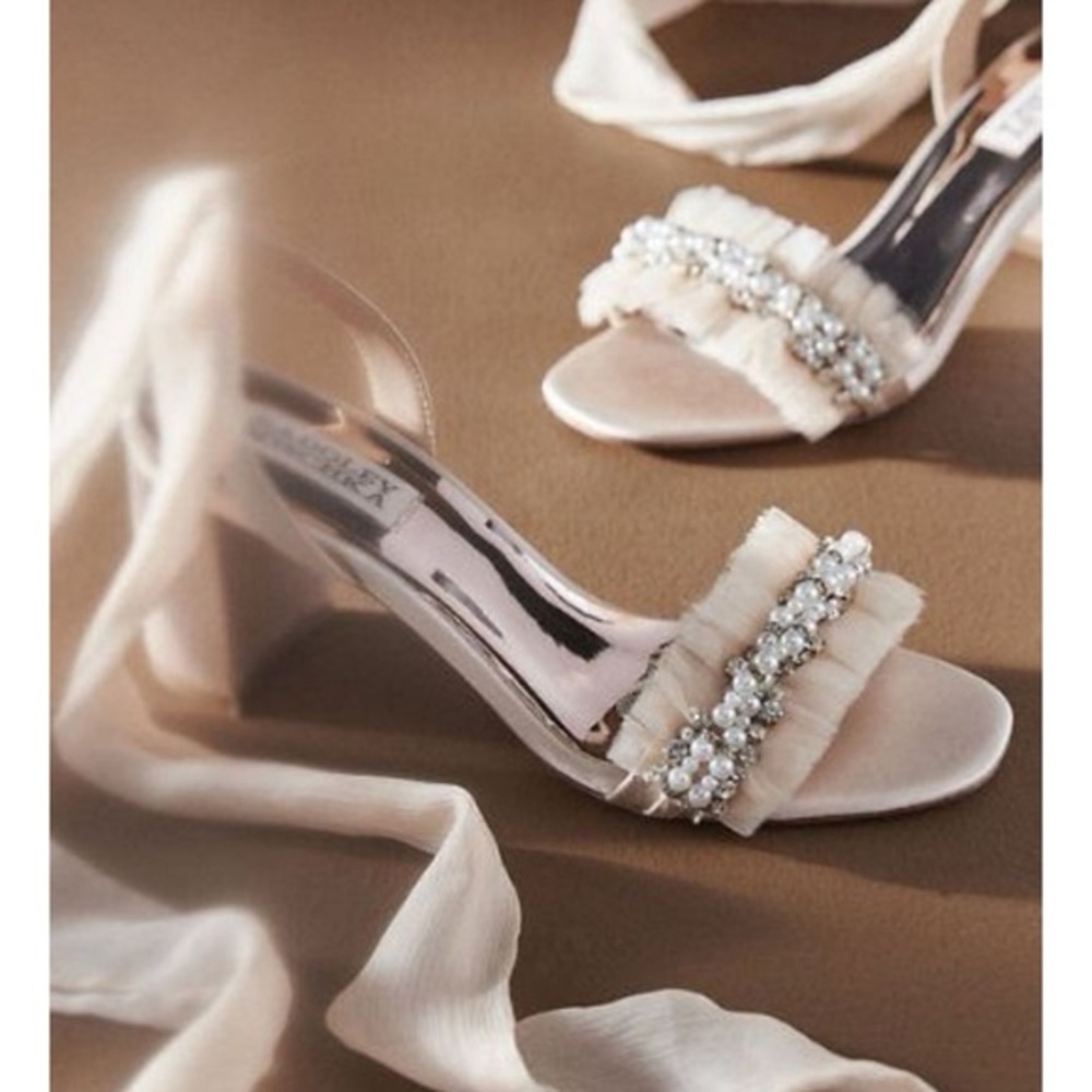 Elegant Blush Heels with Pearl Embellishments and wrap around ankle scarf
